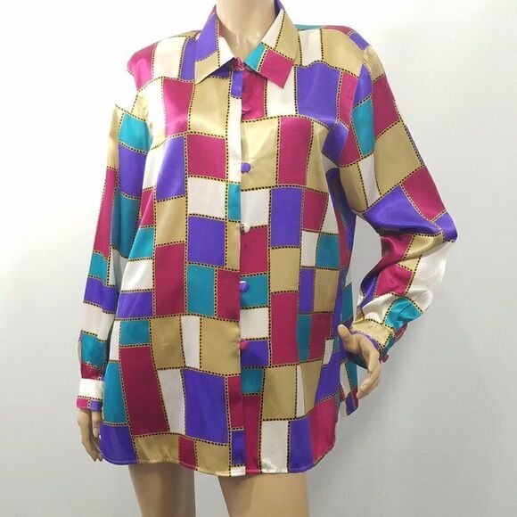 Christie and Jill Shirt Color Block Top Silky Fashion Blouse Chain Link - Picture 9 of 9